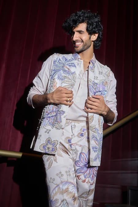 Shop Mahima Mahajan Blue Chanderi, Cotton Sequins, Beads, Zari Ocean Floral Embroidered Bundi Set Online at Aza Fashions Shop_Mahima Mahajan_Blue Chanderi, Cotton Sequins, Beads, Zari Ocean Floral Embroidered Bundi Set _Online_at_Aza_Fashions