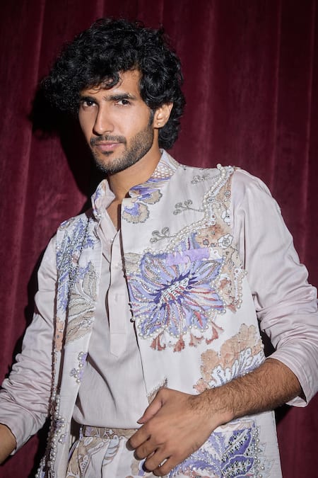 Mahima Mahajan Blue Chanderi, Cotton Sequins, Beads, Zari Ocean Floral Embroidered Bundi Set at Aza Fashions Mahima Mahajan_Blue Chanderi, Cotton Sequins, Beads, Zari Ocean Floral Embroidered Bundi Set _at_Aza_Fashions