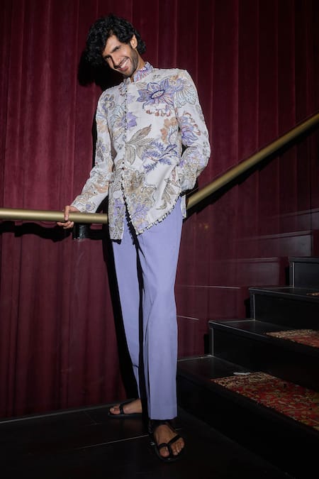 Mahima Mahajan_Blue Chanderi, Cotton Sequins, Beads Floral Print Bandhgala Set _Online_at_Aza_Fashions