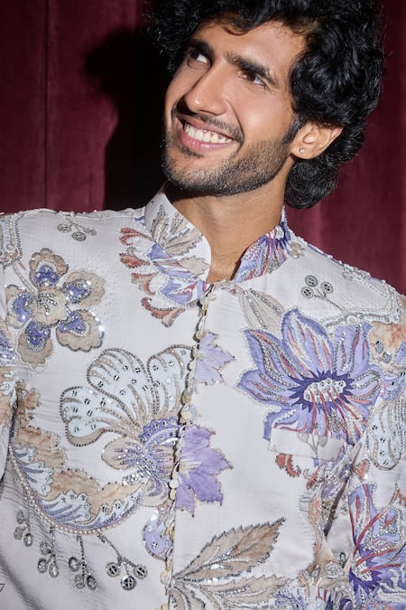 Shop_Mahima Mahajan_Blue Chanderi, Cotton Sequins, Beads Floral Print Bandhgala Set _Online_at_Aza_Fashions