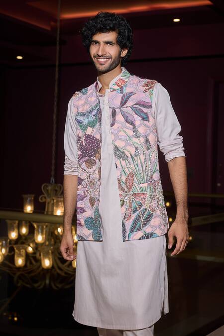 Buy_Mahima Mahajan_Purple Chanderi, Cotton Beads, Sequins, Carnation Leaf Print Bundi And Kurta Set _Online_at_Aza_Fashions