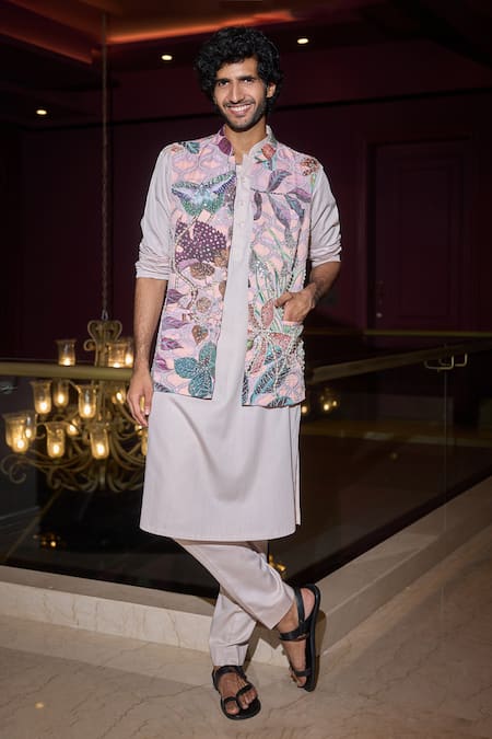 Mahima Mahajan_Purple Chanderi, Cotton Beads, Sequins, Mirrors Floral Printed Embroidered Bundi _Online_at_Aza_Fashions