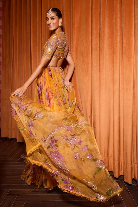 Shop_Mahima Mahajan_Yellow Organza Sequins, Embroidery Round Neck Floral Print Lehenga Set _at_Aza_Fashions