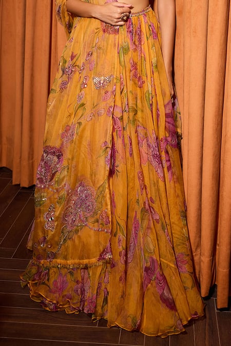 Mahima Mahajan_Yellow Organza Sequins, Embroidery Round Neck Floral Print Lehenga Set _Online_at_Aza_Fashions