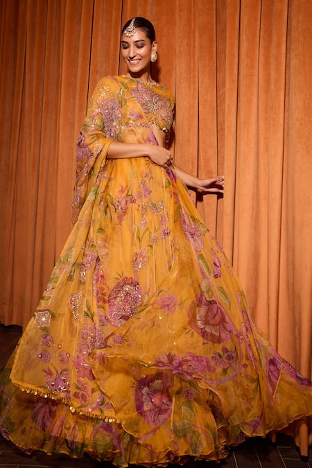 Shop_Mahima Mahajan_Yellow Organza Sequins, Embroidery Round Neck Floral Print Lehenga Set _Online_at_Aza_Fashions