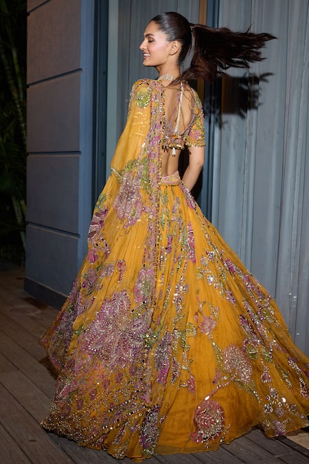 Shop_Mahima Mahajan_Yellow Organza Embroidery, Sequins, Mirrors Asymmetric Floral Lehenga Set _at_Aza_Fashions