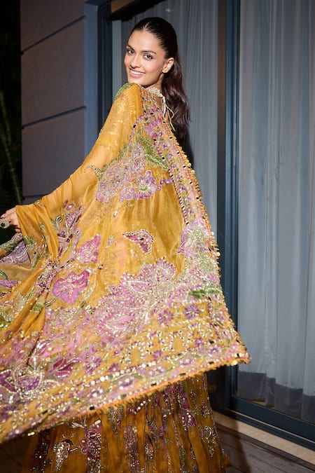 Mahima Mahajan_Yellow Organza Embroidery, Sequins, Mirrors Asymmetric Floral Lehenga Set _Online_at_Aza_Fashions