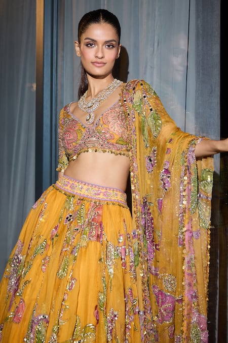 Buy_Mahima Mahajan_Yellow Organza Embroidery, Sequins, Mirrors Asymmetric Floral Lehenga Set _Online_at_Aza_Fashions