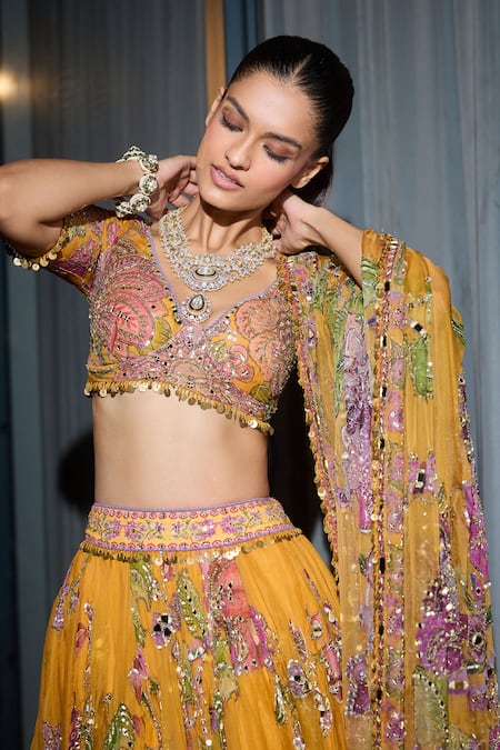 Shop_Mahima Mahajan_Yellow Organza Embroidery, Sequins, Mirrors Asymmetric Floral Lehenga Set _Online_at_Aza_Fashions