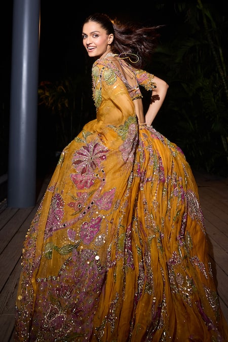Mahima Mahajan_Yellow Organza Embroidery, Sequins, Mirrors Asymmetric Floral Lehenga Set _at_Aza_Fashions