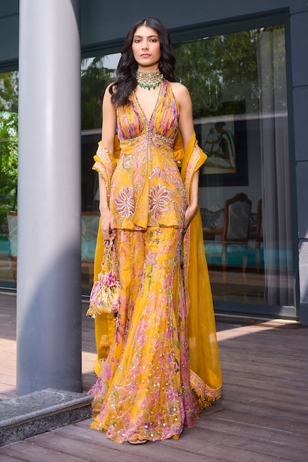 Mahima Mahajan_Yellow Organza Mirrors, Sequins Halter Neck Gul Print Kurta Sharara Set _Online_at_Aza_Fashions