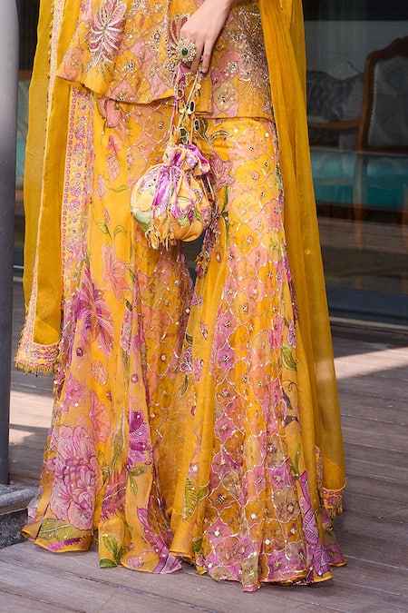 Buy_Mahima Mahajan_Yellow Organza Mirrors, Sequins Halter Neck Gul Print Kurta Sharara Set _Online_at_Aza_Fashions