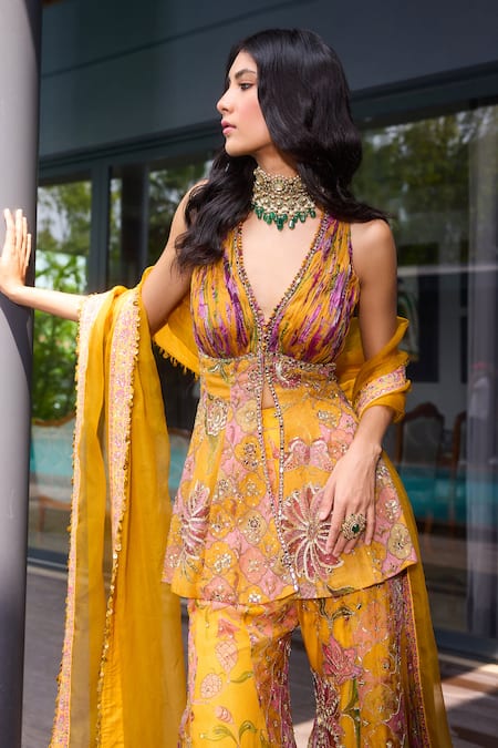 Shop_Mahima Mahajan_Yellow Organza Mirrors, Sequins Halter Neck Gul Print Kurta Sharara Set _Online_at_Aza_Fashions