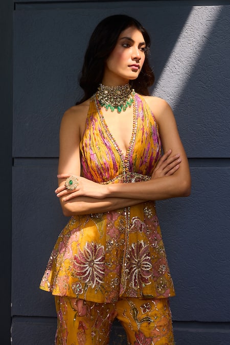 Mahima Mahajan_Yellow Organza Mirrors, Sequins Halter Neck Gul Print Kurta Sharara Set _at_Aza_Fashions