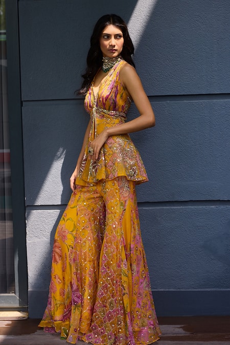 Buy_Mahima Mahajan_Yellow Organza Mirrors, Sequins Halter Neck Gul Print Kurta Sharara Set 