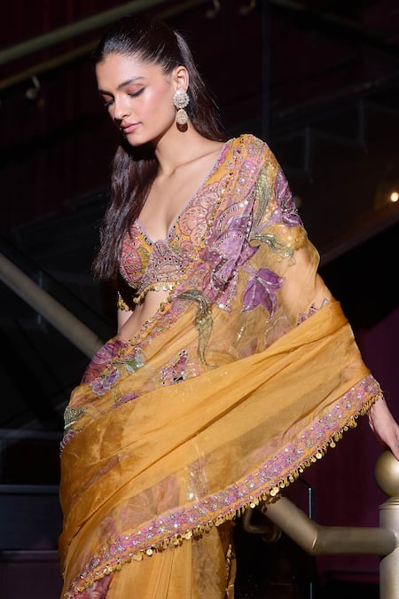 Buy_Mahima Mahajan_Yellow Organza Mirrors, Sequins Fiore Print Embellished Pre-draped Saree Set _Online_at_Aza_Fashions