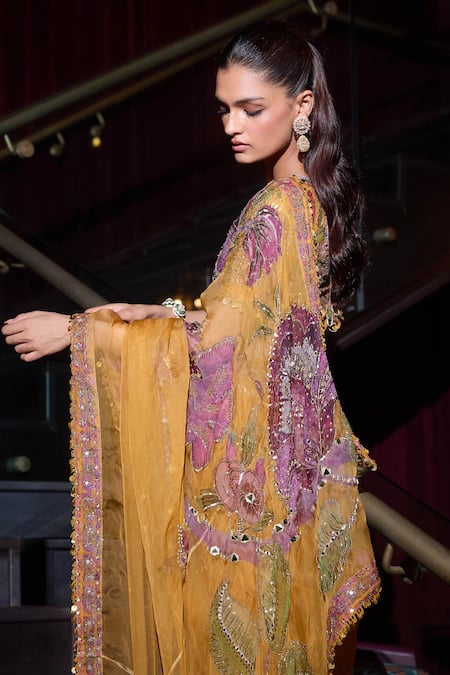 Shop_Mahima Mahajan_Yellow Organza Mirrors, Sequins Fiore Print Embellished Pre-draped Saree Set _Online_at_Aza_Fashions