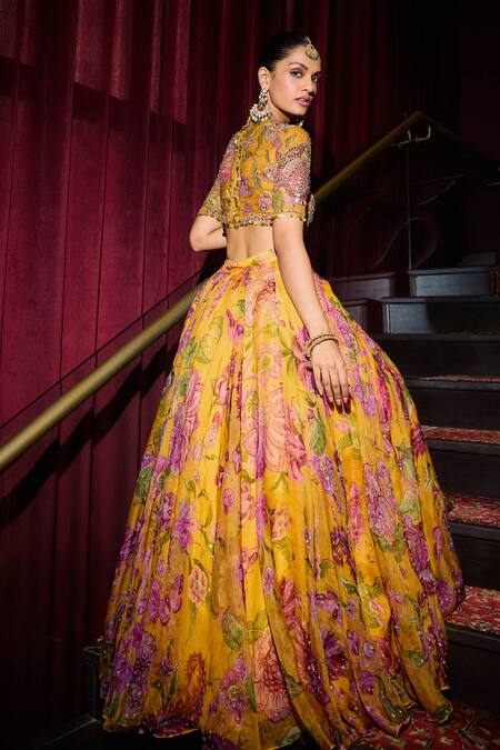 Shop_Mahima Mahajan_Yellow Organza Sequins, Mirrors Round Gulshan Print And Embellished Lehenga Set _at_Aza_Fashions