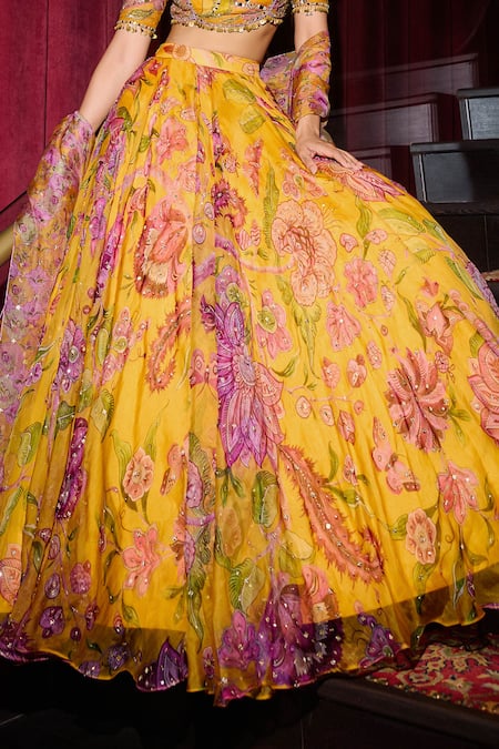 Mahima Mahajan_Yellow Organza Sequins, Mirrors Round Gulshan Print And Embellished Lehenga Set _Online_at_Aza_Fashions