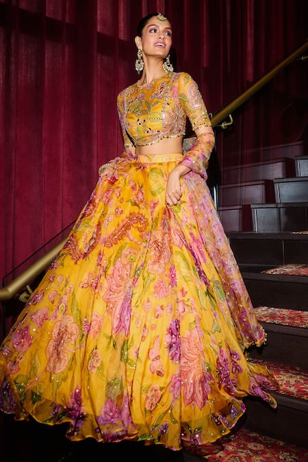 Buy_Mahima Mahajan_Yellow Organza Sequins, Mirrors Round Gulshan Print And Embellished Lehenga Set _Online_at_Aza_Fashions