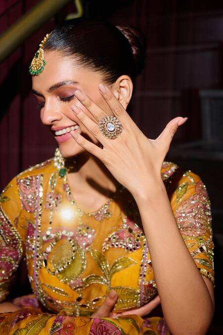 Shop_Mahima Mahajan_Yellow Organza Sequins, Mirrors Round Gulshan Print And Embellished Lehenga Set _Online_at_Aza_Fashions