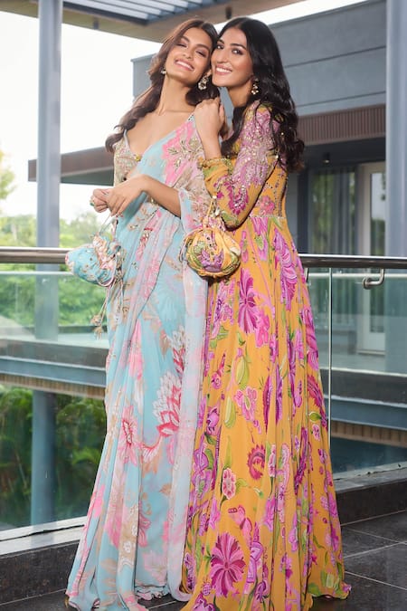 Mahima Mahajan_Yellow Organza, Georgette Sequins, Gulshan Print Anarkali Set With Dupatta _Online_at_Aza_Fashions