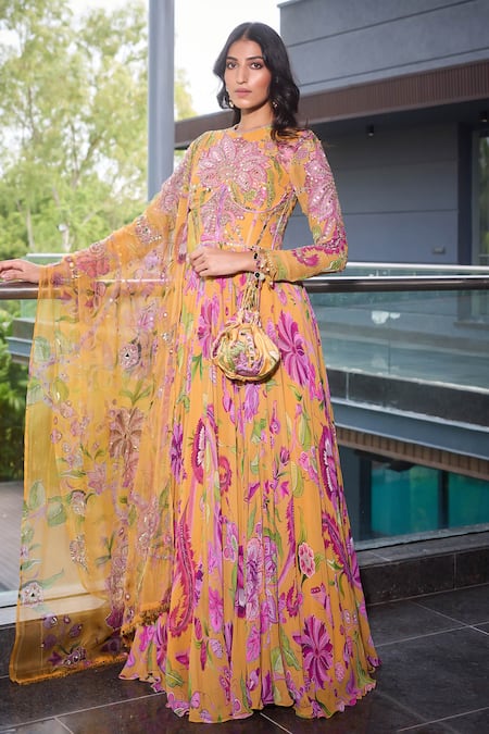 Buy_Mahima Mahajan_Yellow Organza, Georgette Sequins, Gulshan Print Anarkali Set With Dupatta _Online_at_Aza_Fashions