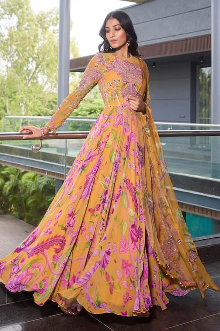 Shop_Mahima Mahajan_Yellow Organza, Georgette Sequins, Gulshan Print Anarkali Set With Dupatta _Online_at_Aza_Fashions