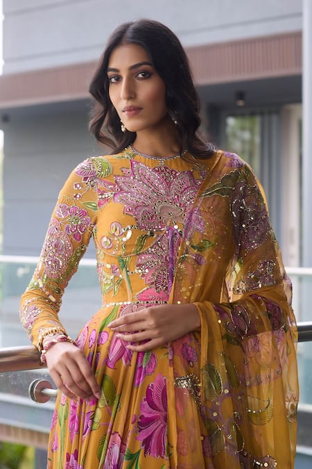 Buy_Mahima Mahajan_Yellow Organza, Georgette Sequins, Gulshan Print Anarkali Set With Dupatta 
