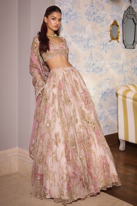 Mahima Mahajan Pink Organza Mirrors, Sequins, Embroidery Bloom Print And Embellished Lehenga Set Online at Aza Fashions Mahima Mahajan_Pink Organza Mirrors, Sequins, Embroidery Bloom Print And Embellished Lehenga Set _Online_at_Aza_Fashions