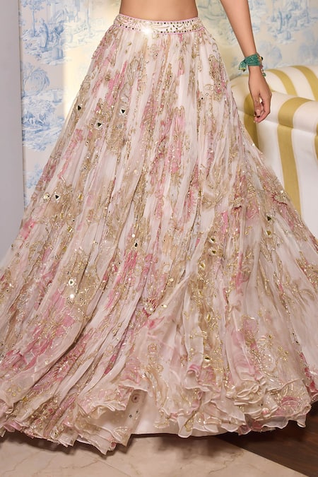 Shop Mahima Mahajan Pink Organza Mirrors, Sequins, Embroidery Bloom Print And Embellished Lehenga Set Online at Aza Fashions Shop_Mahima Mahajan_Pink Organza Mirrors, Sequins, Embroidery Bloom Print And Embellished Lehenga Set _Online_at_Aza_Fashions