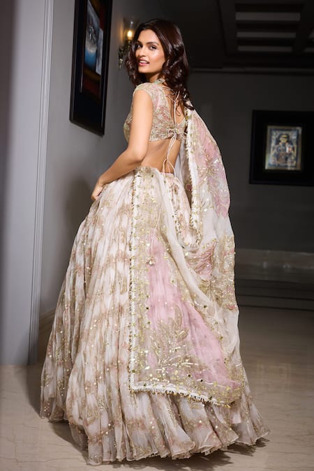 Shop Mahima Mahajan Pink Organza Sequins, Mirrors, Embroidery Asymmetric Flora Bloom Lehenga Set at Aza Fashions Shop_Mahima Mahajan_Pink Organza Sequins, Mirrors, Embroidery Asymmetric Flora Bloom Lehenga Set _at_Aza_Fashions