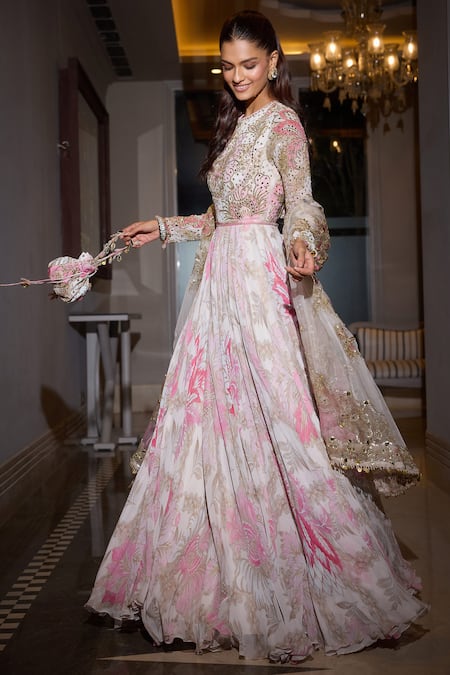 Mahima Mahajan_Pink Organza, Georgette Sequins, Mirrors Persian Bloom Embellished Anarkali Set _Online_at_Aza_Fashions