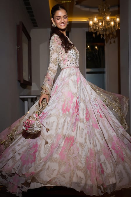 Buy_Mahima Mahajan_Pink Organza, Georgette Sequins, Mirrors Persian Bloom Embellished Anarkali Set _Online_at_Aza_Fashions