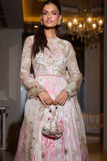 Shop_Mahima Mahajan_Pink Organza, Georgette Sequins, Mirrors Persian Bloom Embellished Anarkali Set _Online_at_Aza_Fashions