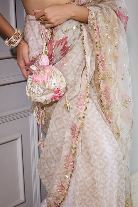 Buy_Mahima Mahajan_Pink Organza Sequins, Mirrors Persian Blossom Print Pre-draped Saree Set _Online_at_Aza_Fashions