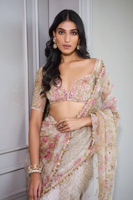 Shop_Mahima Mahajan_Pink Organza Sequins, Mirrors Persian Blossom Print Pre-draped Saree Set _Online_at_Aza_Fashions