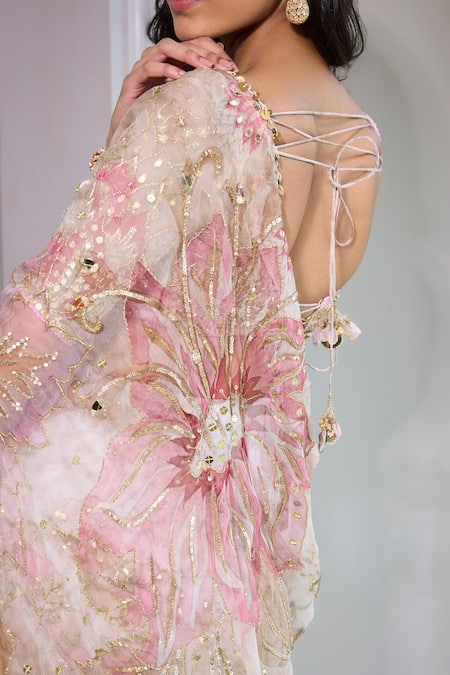 Mahima Mahajan_Pink Organza Sequins, Mirrors Persian Blossom Print Pre-draped Saree Set _at_Aza_Fashions