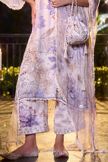 Mahima Mahajan_Blue Satin, Organza Pearls, Sequins, Blossom Garden Embroidered Kurta Set _Online_at_Aza_Fashions