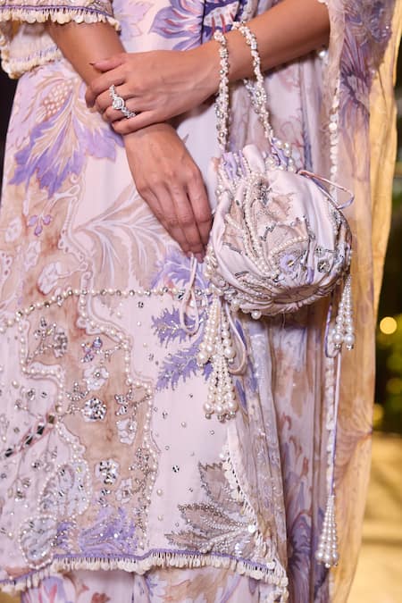 Shop_Mahima Mahajan_Blue Satin, Organza Pearls, Sequins, Blossom Garden Embroidered Kurta Set _Online_at_Aza_Fashions