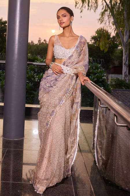 Mahima Mahajan Daania Mosaic Bloom Print & Embellished Pre-Draped Saree Set 