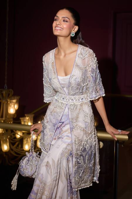 Shop_Mahima Mahajan_Blue Organza, Georgette Pearls, Blossom Print Embellished Jacket And Sharara Set _Online_at_Aza_Fashions