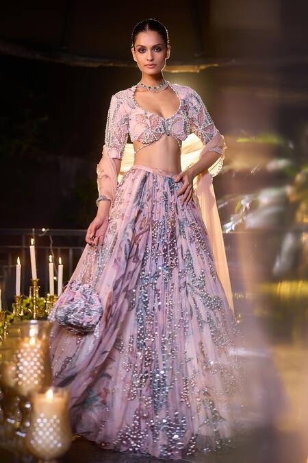 Shop_Mahima Mahajan_Purple Organza Pearls Scoop Neck Floral Print And Embellished Lehenga Set _Online_at_Aza_Fashions