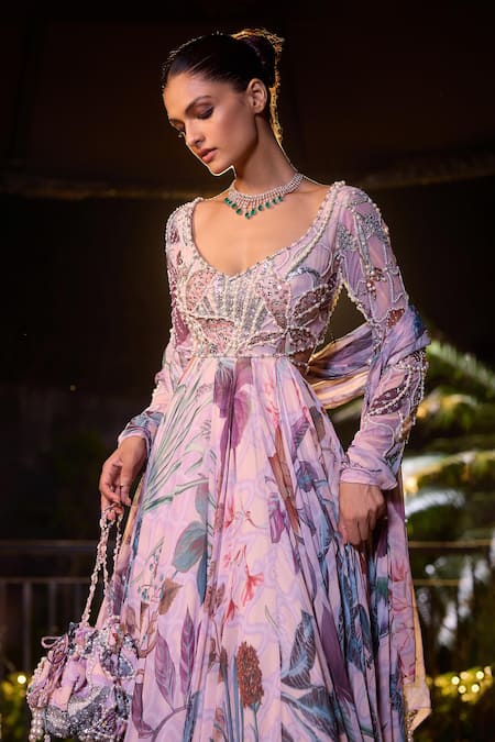 Mahima Mahajan_Purple Organza, Georgette Sequins, Pearls Flora Print Anarkali With Dupatta _Online_at_Aza_Fashions