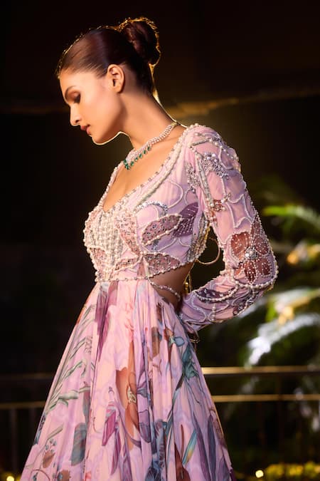 Buy_Mahima Mahajan_Purple Organza, Georgette Sequins, Pearls Flora Print Anarkali With Dupatta _Online_at_Aza_Fashions