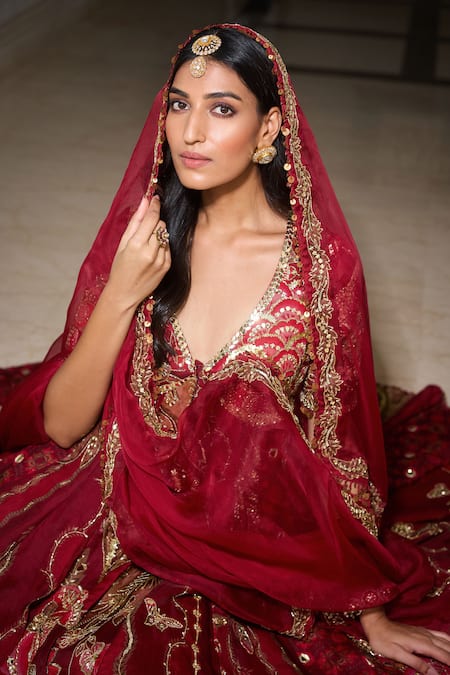 Buy_Mahima Mahajan_Red Organza, Cotton Sequins, Mirrors V-neck Sindoori Embroidered Anarkali Set 