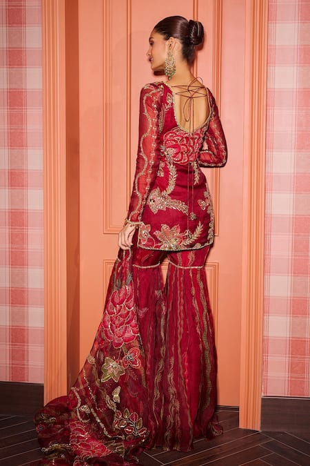 Shop Mahima Mahajan Red Organza Sequins, Mirrors Boat Neck Sindoori Embroidered Kurta Sharara Set at Aza Fashions Shop_Mahima Mahajan_Red Organza Sequins, Mirrors Boat Neck Sindoori Embroidered Kurta Sharara Set _at_Aza_Fashions