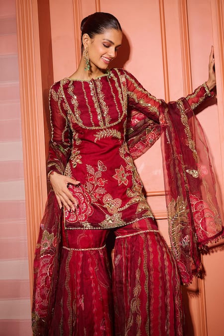 Buy Mahima Mahajan Red Organza Sequins, Mirrors Boat Neck Sindoori Embroidered Kurta Sharara Set Online at Aza Fashions Buy_Mahima Mahajan_Red Organza Sequins, Mirrors Boat Neck Sindoori Embroidered Kurta Sharara Set _Online_at_Aza_Fashions