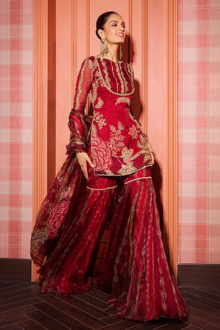 Shop Mahima Mahajan Red Organza Sequins, Mirrors Boat Neck Sindoori Embroidered Kurta Sharara Set Online at Aza Fashions Shop_Mahima Mahajan_Red Organza Sequins, Mirrors Boat Neck Sindoori Embroidered Kurta Sharara Set _Online_at_Aza_Fashions