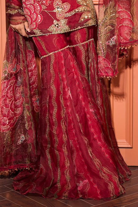 Mahima Mahajan Red Organza Sequins, Mirrors Boat Neck Sindoori Embroidered Kurta Sharara Set at Aza Fashions Mahima Mahajan_Red Organza Sequins, Mirrors Boat Neck Sindoori Embroidered Kurta Sharara Set _at_Aza_Fashions